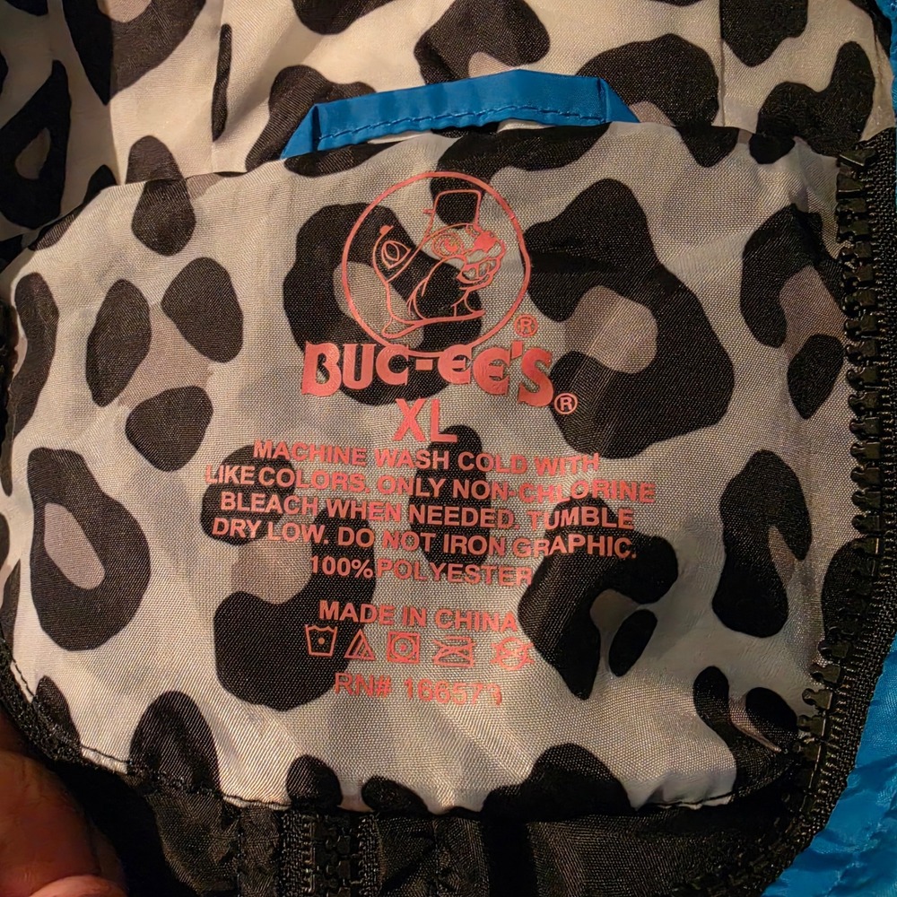 Buc-ee's Mens XL Colorblock Windbreaker Jacket Blue Black Pink Leopard Hood XL - Picture 3 of 7